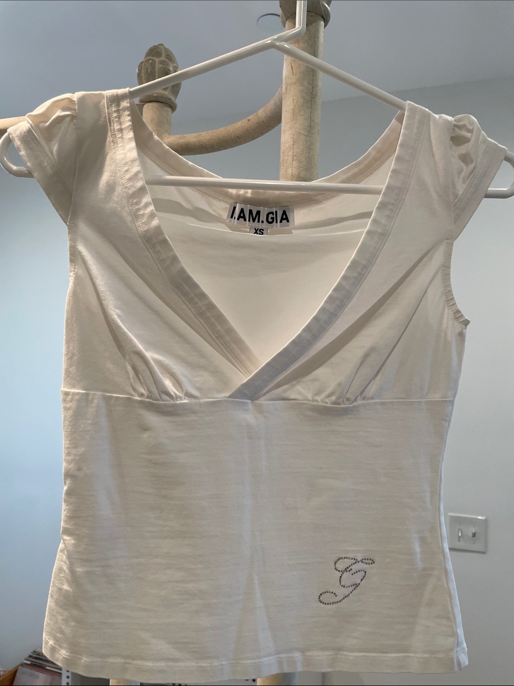 I.AM.GIA Cream V-Neck Cap Sleeve Tee with Embellished G